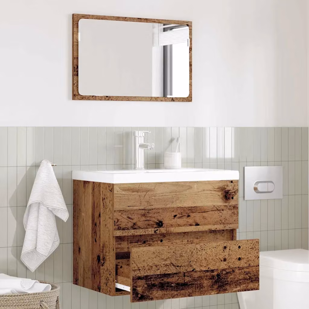 Set di mobili per il bagno vidaXL 2 pezzi in legno e metallo marrone e argento, composto da mobiletto con specchio e mobile sottolavabo, L/P/H: 60,0 x 38,5 x 45,0 cm