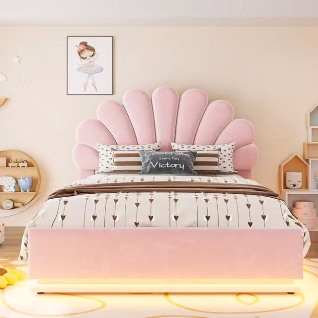 Letto contenitore 140x200 cm; matrimoniale con contenitore idraulico; testiera a fiore; LED; velluto; rosa