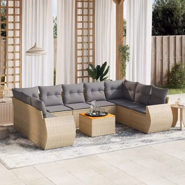 Set Divano da Giardino Moderno VIDAXL in Polyrattan con Cuscini Beige, 10 Pezzi