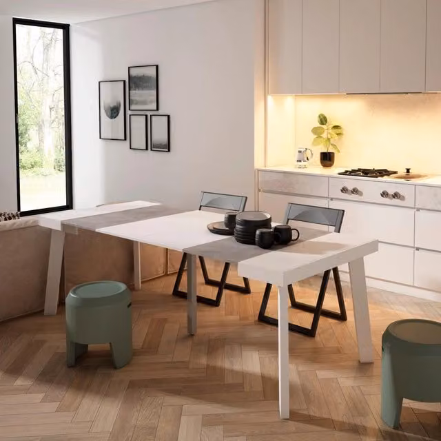 Consolle allungabile, 222x90x73cm, Per 10 persone, Gambe in legno, Bianco e grigio cemento RF3018