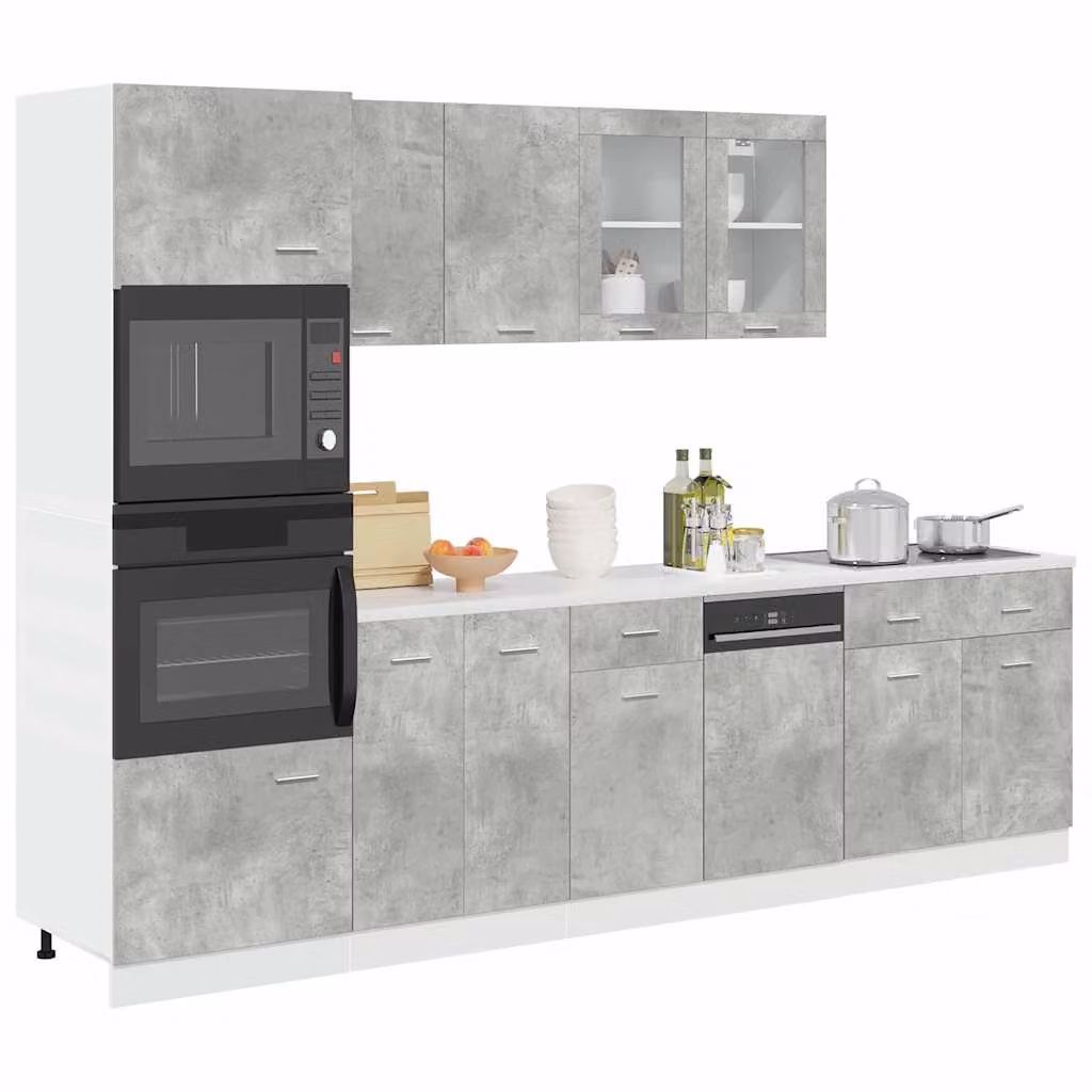 Set di mobili da cucina moderno vidaXL Lyon composto da 7 pezzi in legno e vetro, colore grigio, H 207.0 cm x L 80.0 cm x P 57.0 cm