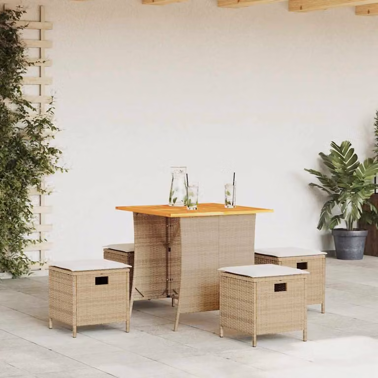 Set da pranzo da giardino vidaXL in polyrattan e legno di acacia con 5 pezzi e cuscini beige e bianchi