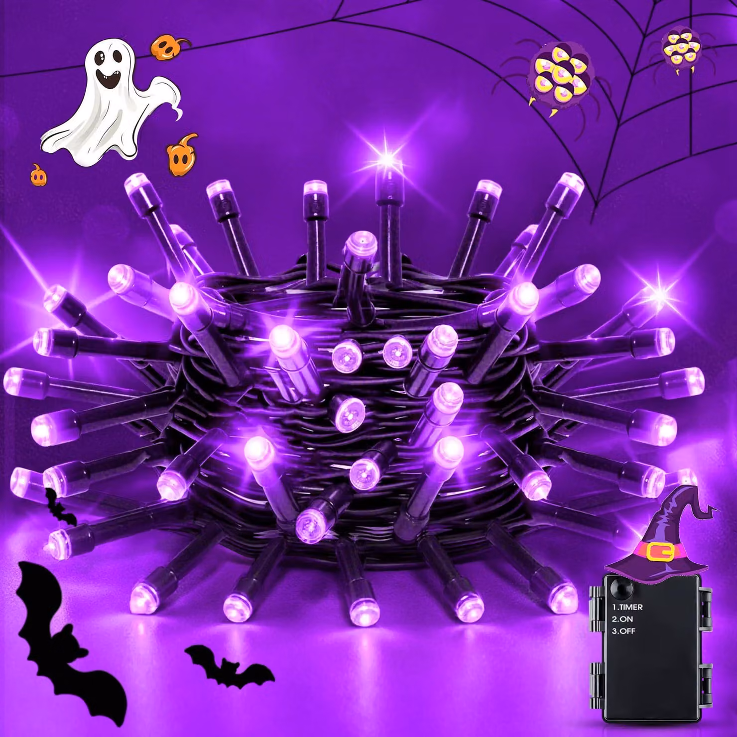 Catena luminosa a LED, colore viola, 5 metri, 50 LED, con timer, alimentata a batteria