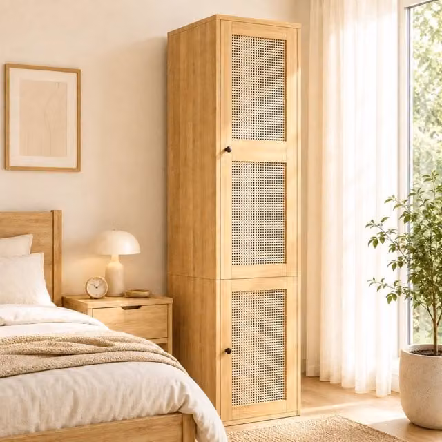 Armadio 1 anta 45 x 47 x 200 cm; 1 asta appendiabiti; 3 cassetti; anta a battente; design con intreccio in rattan
