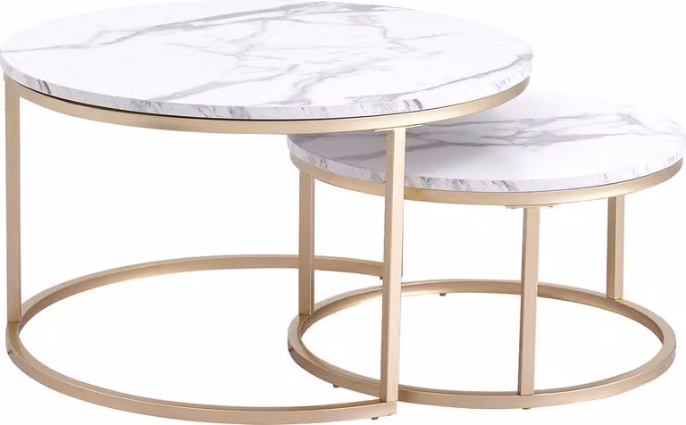 Tavolino Happyment Luxe - Bianco e oro - Look Marmour - Set di 2 - Stile country - Soggiorno - Rotondo - 80 e 60 cm