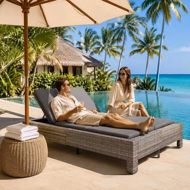 2-person Sun Lounger With Cushion, Grey Poly Rattan