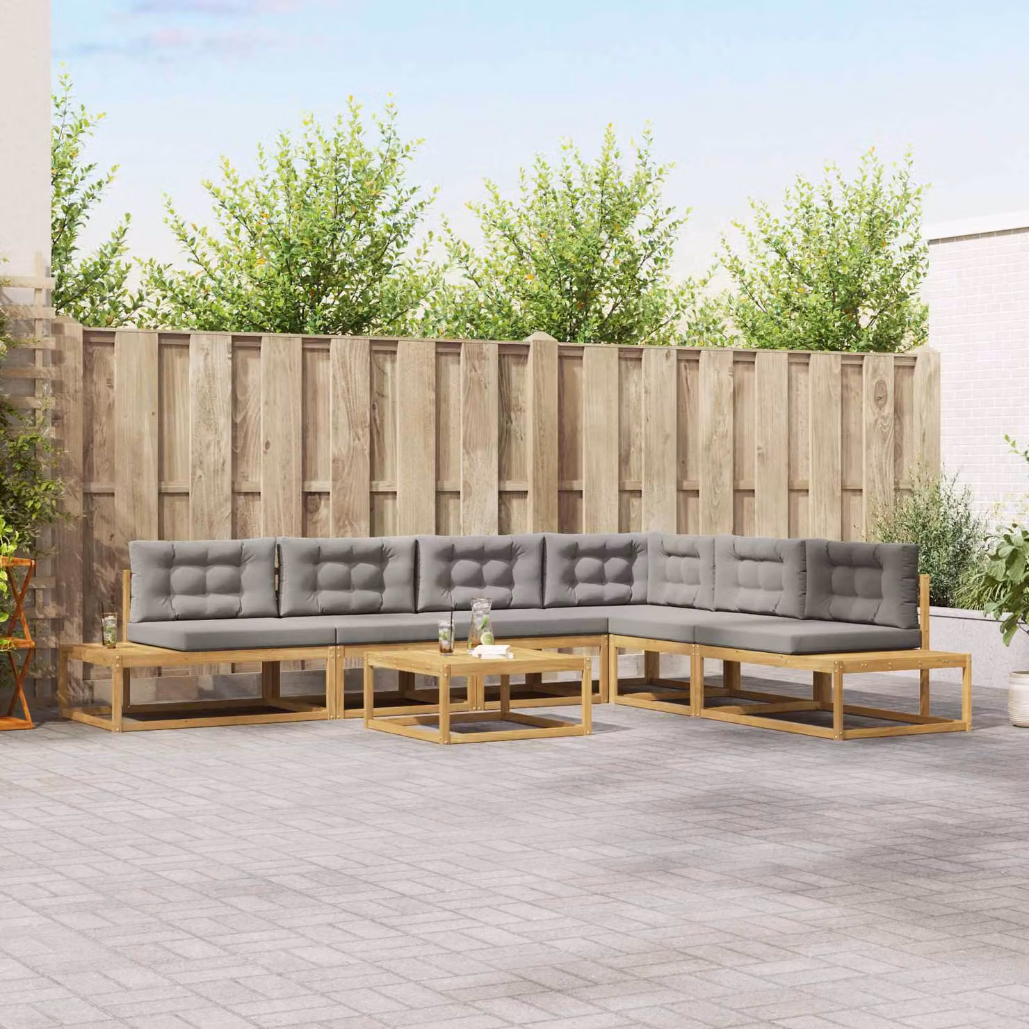 Set di divani da esterno a L vidaXL in legno di acacia con 7 pezzi, colore grigio e bianco, compreso di cuscini e tavolino da caffè