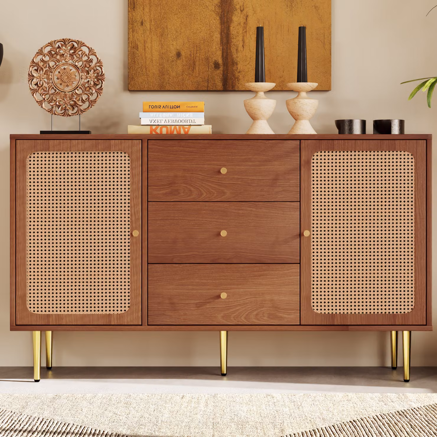 Cassettiera Merax da 150 cm con 2 ante e 3 cassetti, cassettiera vintage in rattan con ripiano regolabile in altezza e gambe in metallo, noce, MDF