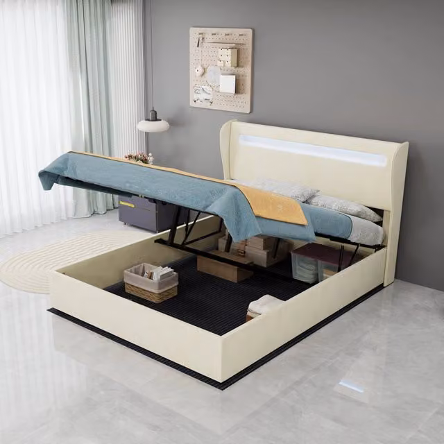 Letto imbottito con testiera regolabile e LED multicolore; 140 x 200 cm; beige