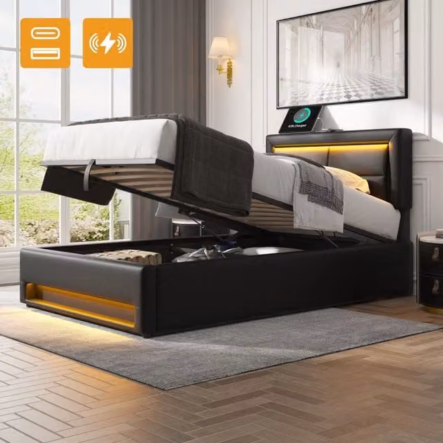 Letto imbottito 90x200 cm in PU litchi con porta USB, LED e contenitore - Nero, senza materasso