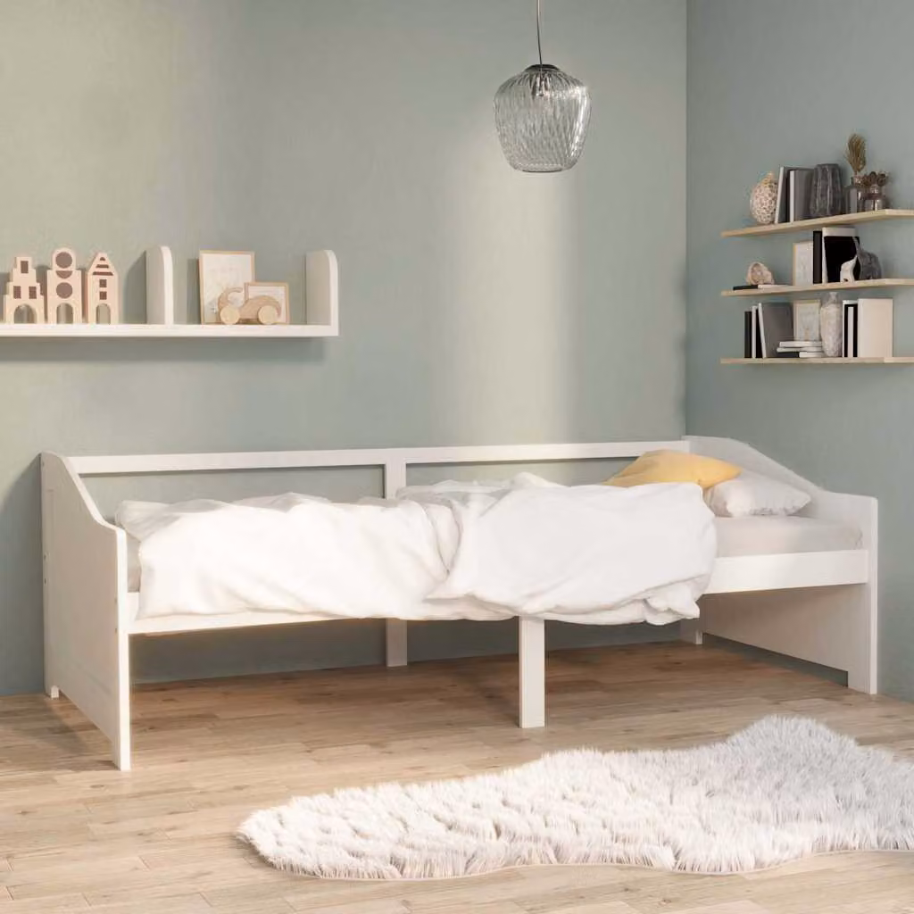 vidaXL Divano Letto a 3 Posti in Legno di Pino Massello Bianco con Tessuto e Doghe Fisse L/P: 204 x 98 x 66 cm