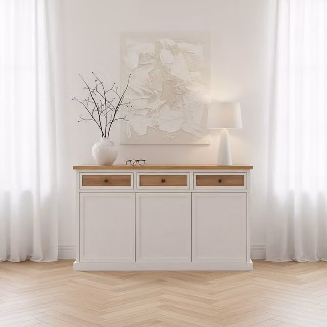 Apparecchio Banak in legno di acacia per sala da pranzo e ingresso, disponibile nei colori bianco, marrone e beige