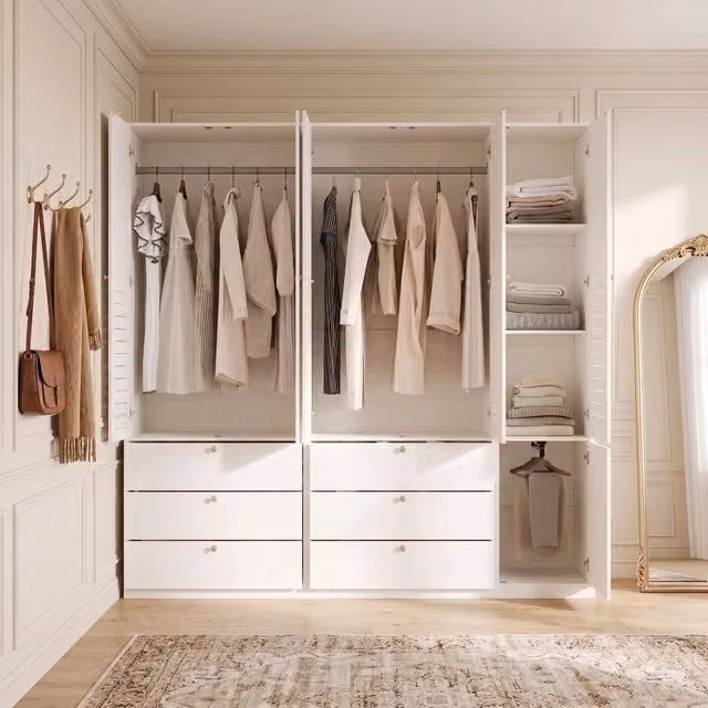 Armadio guardaroba 5 ante 225x50x200 cm con 6 cassetti e 3 appendiabiti; bianco