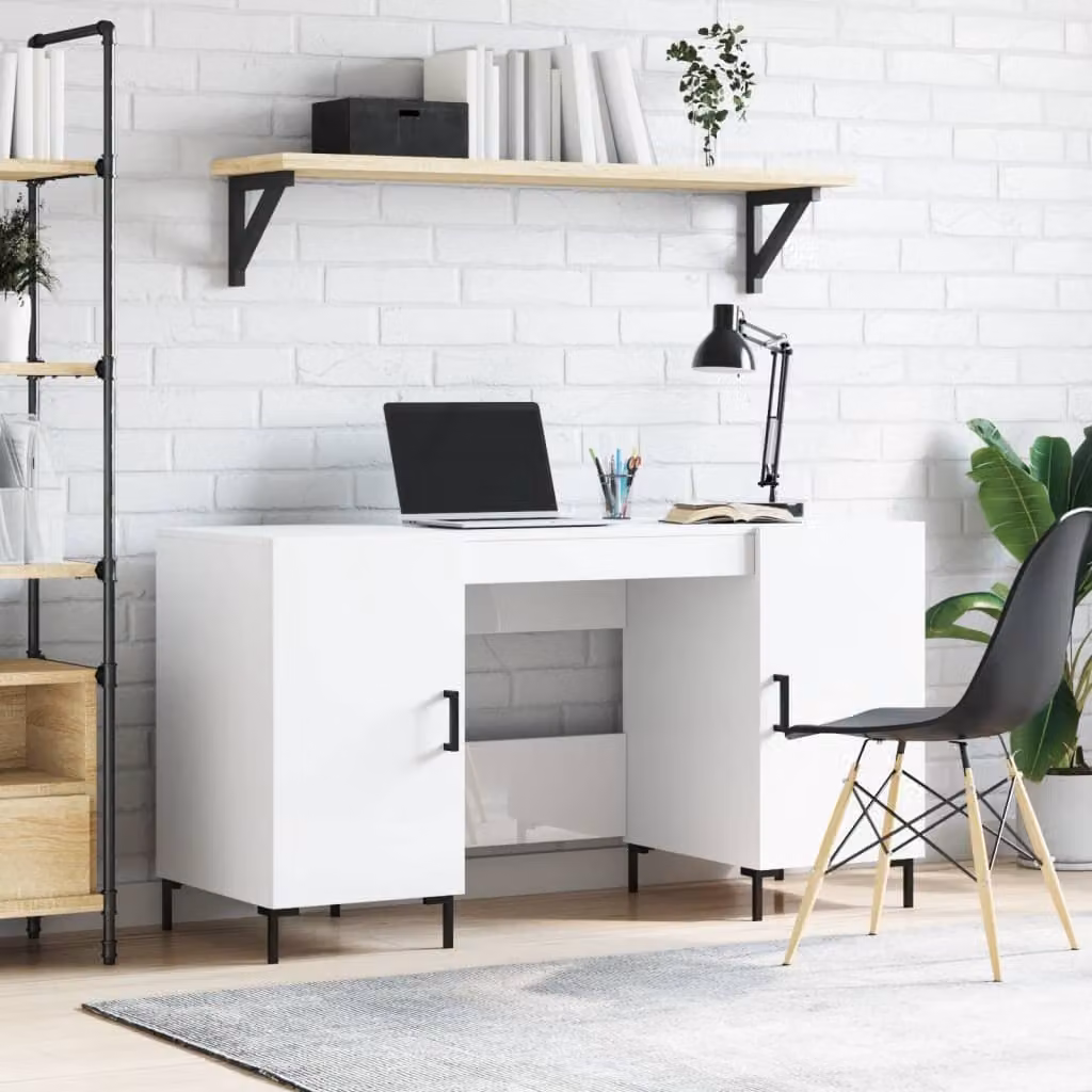 The Living Store Scrivania bianca lucida 140x50x75 cm in materiale ligneo