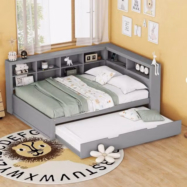 Letto moderno WISHDOR in legno massello con vani contenitore laterali e porta USB, colore grigio, L/P/H: 222.5 x 140 x 92.5 cm