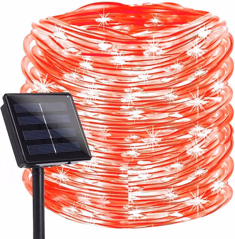 Luci a corda solari, 50 LED, 5 metri, impermeabili, 8 modalità, colore rosso