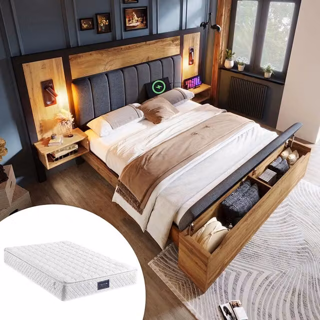 Letto matrimoniale con materasso - Xylo - 160x200 cm - Ch??ne - Luce lettura, USB-C, banquette