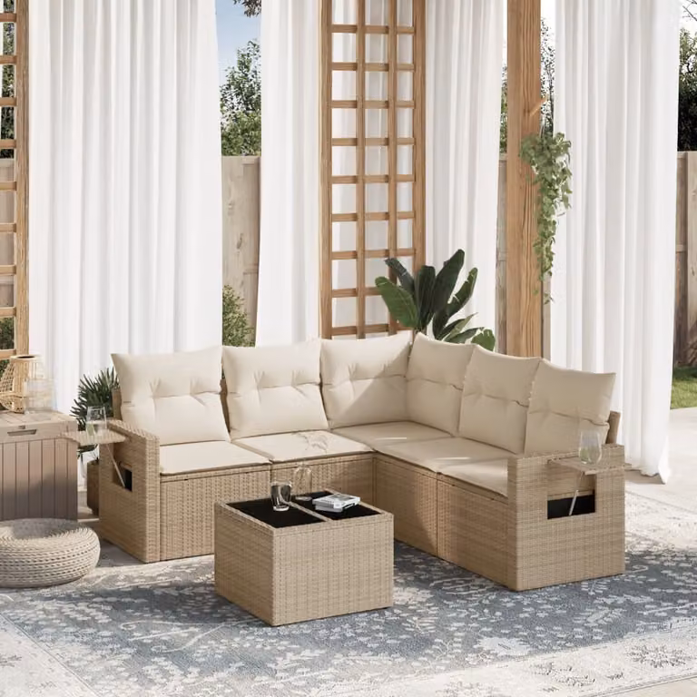 vidaXL Set Divano da Giardino a L 6 pz in Polyrattan con Cuscini Beige e Tavolino da Esterno