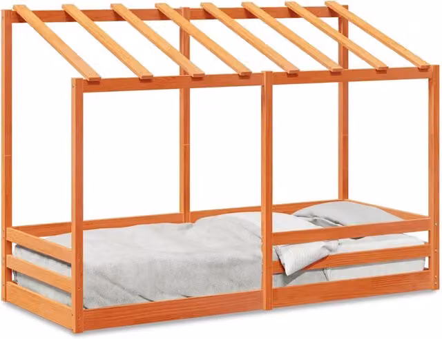Letto per bambini con struttura a casetta in legno massello di pino, colore marrone cera, L/P/H: 190 x 90 x 97,5 cm