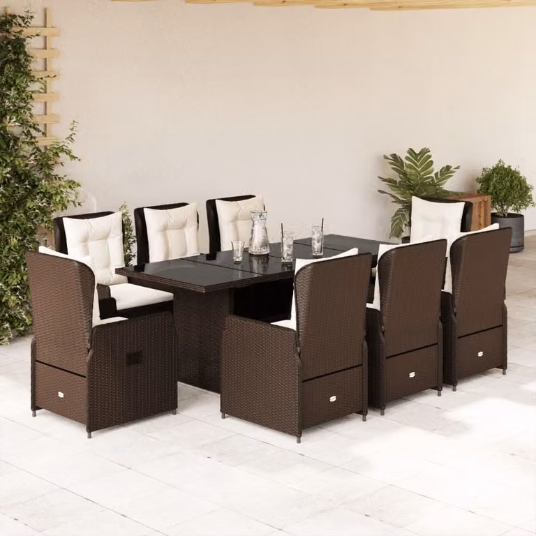 Set da Pranzo da Giardino vidaXL in Polyrattan Marrone con Cuscini Bianchi e Tavolo in Vetro, 9 Pezzi