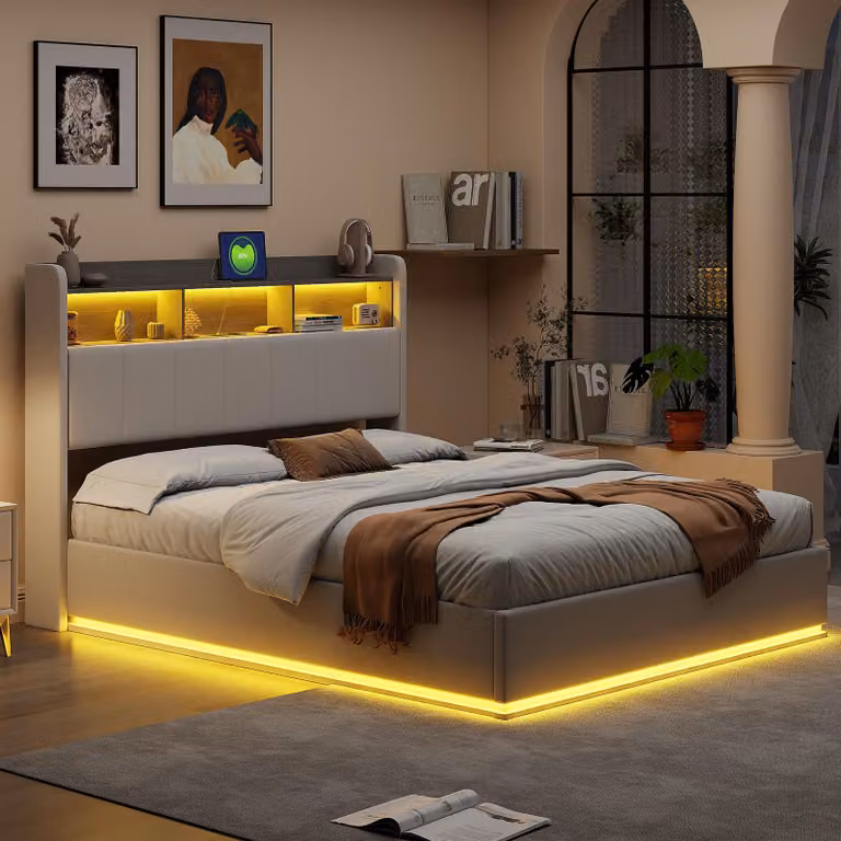 CDGlobal letto imbottito 160x200cm con rete a doghe e contenitore, letto a molle con rete a Led, letto matrimoniale con contenitore, letto funzionale in Pelle finta, bianco