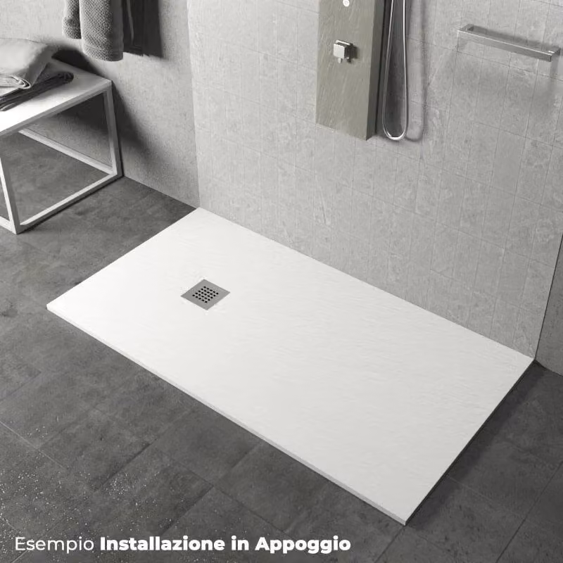 Piatto doccia rettangolare Pedrinelli Ardesia Stone Side in acrilico bianco, antiscivolo e a filo pavimento, L: 200 cm, P: 100 cm – 2