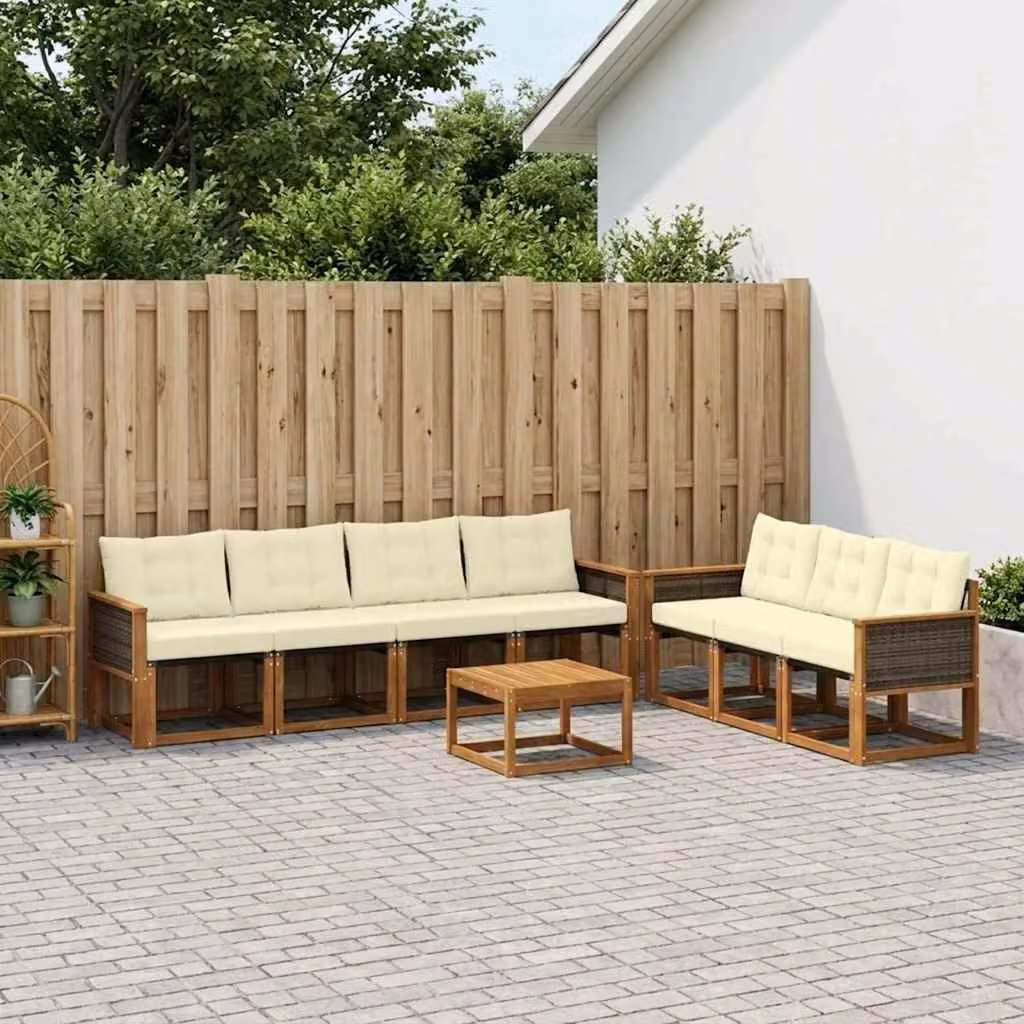 Set di divani da esterno vidaXL 8 pezzi in legno di acacia con tavolino e cuscini, colore naturale e crema