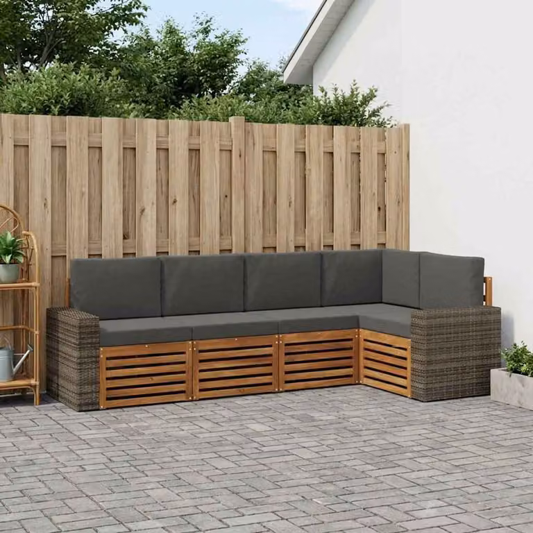 Set di divani da esterno vidaXL a forma di L composto da 5 pezzi in legno di acacia con cuscini beige e antracite in poliestere resistente ai raggi UV