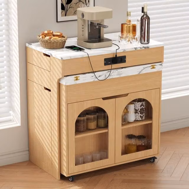Credenza da cucina con tavolo estraibile, 2 cassetti, ripiani regolabili e prese, naturale, 55-153 × 80 × 93 cm