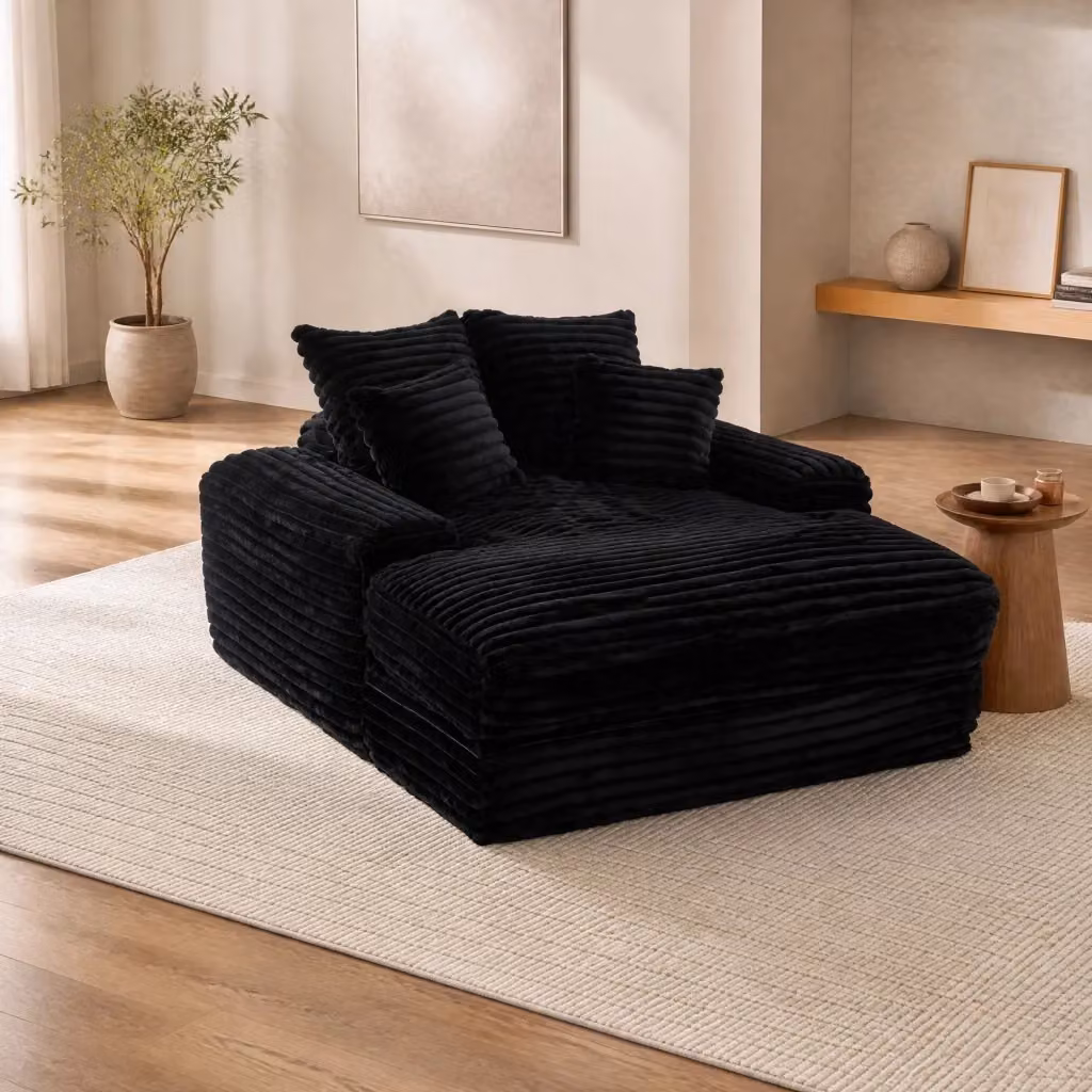 Chaise longue ergonomica Chicfurn in velluto a coste nero con 4 cuscini rimovibili e braccioli larghi L/P/H: 175 x 137 x 63 cm – 2