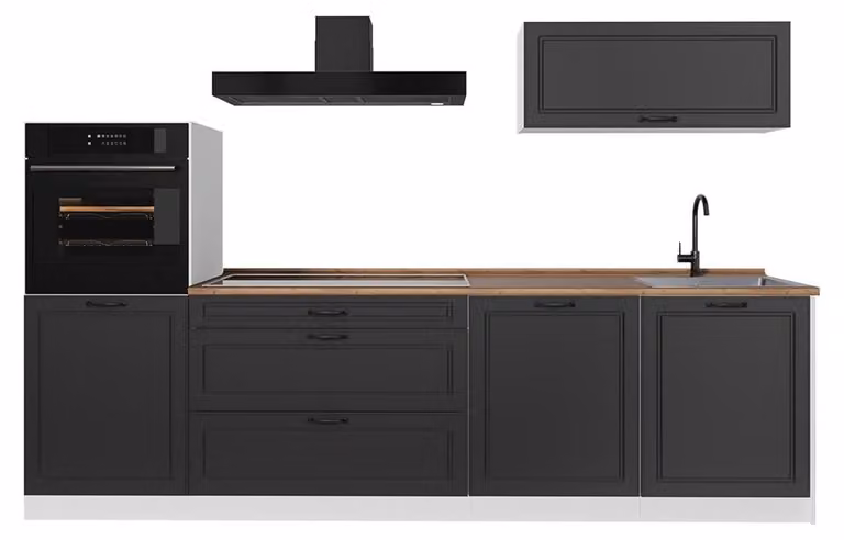 Cucina componibile Vicco R-Line Antracite country/Bianco 280 cm piano di lavoro Rovere dorato, Model 67995
