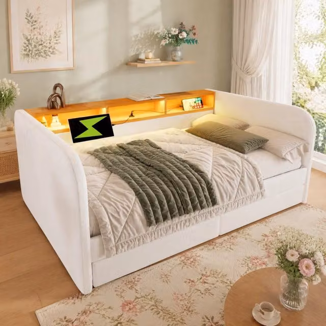 Letto da giorno ULEVR 140x190 cm con LED, USB e Type-C, 2 cassetti e testiera con vano, lino beige chiaro