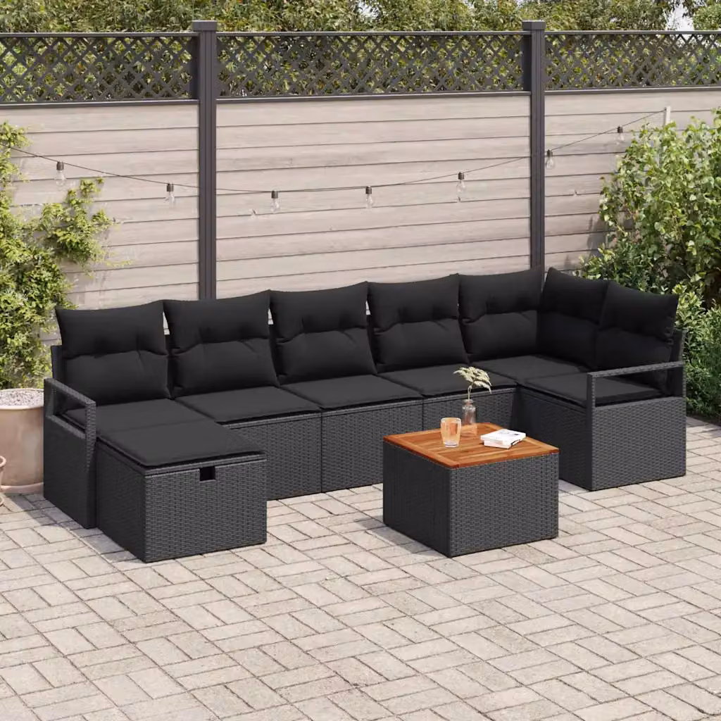 Set Divano da Giardino a L vidaXL 8 Pezzi Nero con Cuscini e Tavolino in Metallo e Legno di Acacia – 1