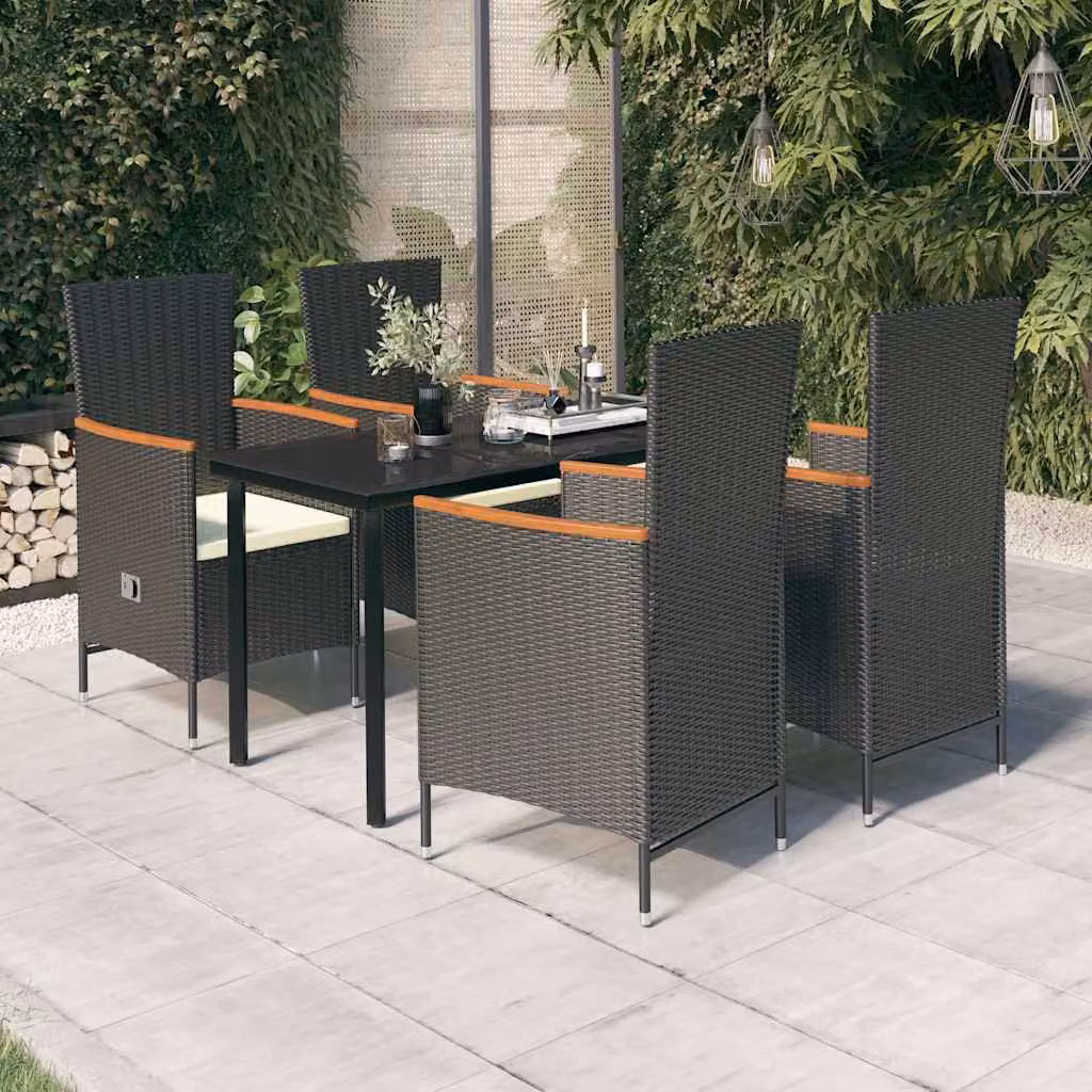 Set da pranzo da giardino vidaXL in polyrattan nero con cuscini e tavolo in vetro per terrazzo o giardino