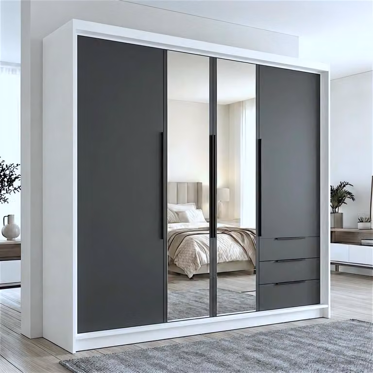 Spazioso armadio a quattro ante VIVO con cassetti e maniglie in metallo – design moderno