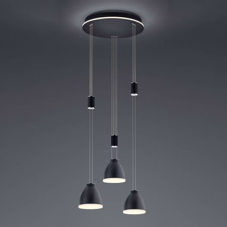 HELL Lampada LED sospensione Leni, 3 luci, tonda, nero dimmerabile, Nero, Soggiorno / Sala da pranzo, Metallo, Moderno