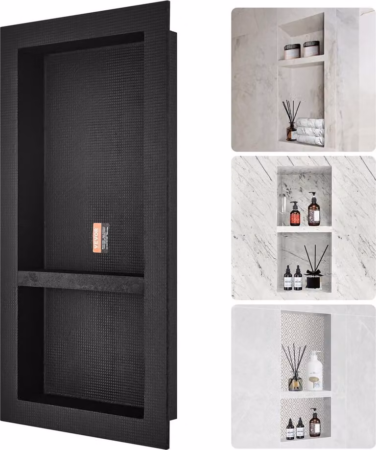 Nicchia doccia pronta per piastrellatura 40,64 x 81,28 cm, doppio ripiano organizer, angoli squadrati Nicchia incassata a muro, protezione sigillata Nicchia moderna porta sapone per doccia bagno, nera