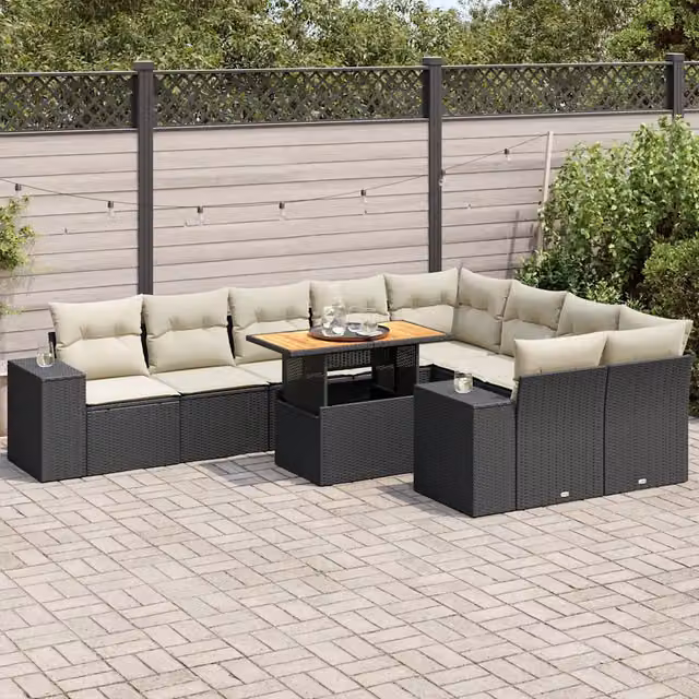 Set Divani Giardino 10pz con Cuscini Nero in Polyrattan Acacia 3327416
