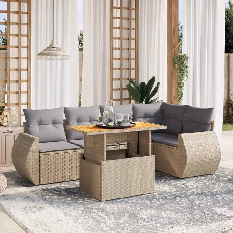 vidaXL Set Divano da Giardino a L in Polyrattan con Cuscini Beige e Grigio, 6 Pezzi con Tavolino e Poltrone