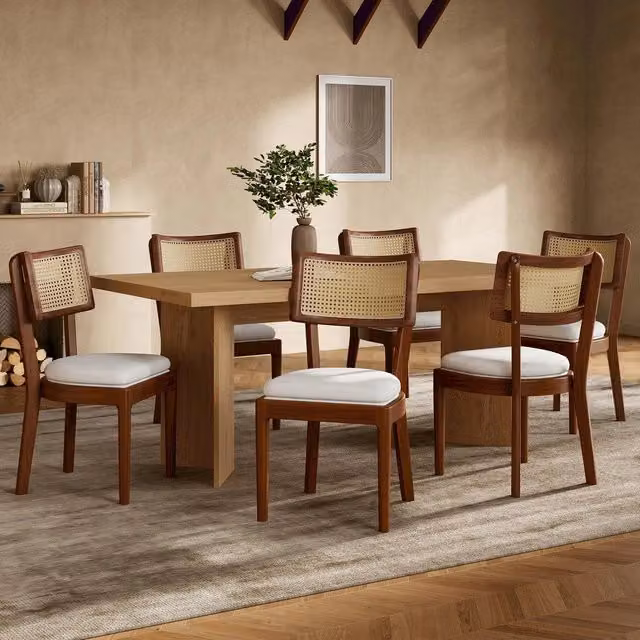 Set 6 sedie da pranzo ¨C Minimal ¨C struttura legno massello noce, schienale rattan, rivestimento lino, stile moderno