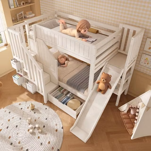 Letto a castello per bambini 90 × 200 cm 2 posti con scivolo, scala con armadio e cassetti, senza materasso