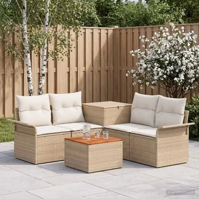 Set di mobili da giardino vidaXL composto da divano angolare a L, divano a 2 posti, tavolino da caffè e pouf in stile moderno, colore beige e bianco – 1