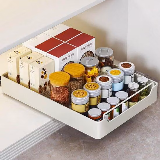 Organizzatore telescopico estraibile per cassetti, marca Ibenzoa®, colore bianco, dimensioni 30x43x7 cm, realizzato in acciaio con rivestimento a polvere, montaggio adesivo senza necessità di foratura, guide ammortizzate – ideale per mobili da cucina e ba