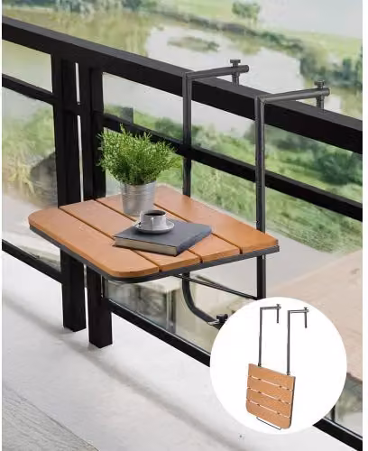 VEVOR Tavolo Sospeso Pieghevole in Metallo Marrone per Ringhiera di Balcone e Terrazza, Regolabile in Altezza, L: 59,5 cm, P: 40 cm