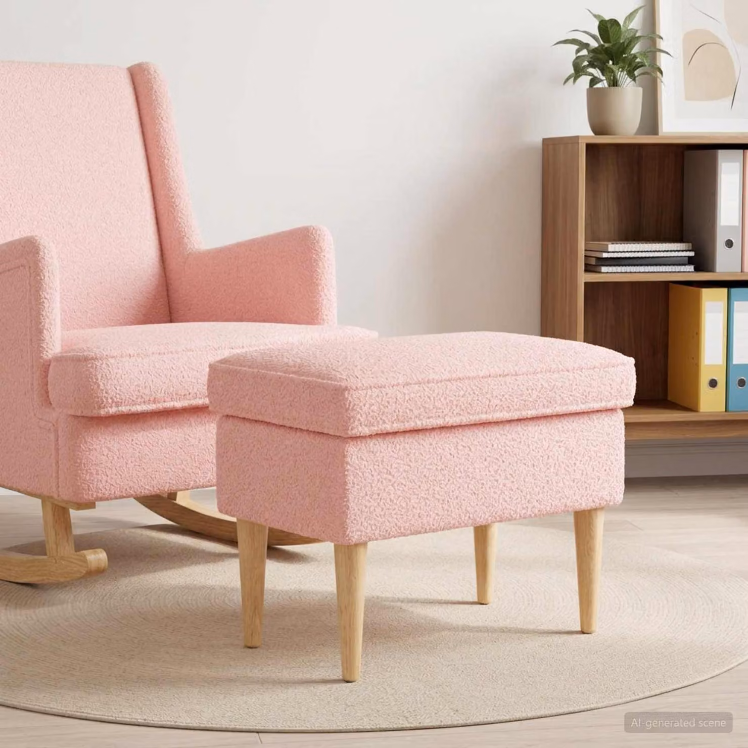 Poggiapiedi vidaXL in tessuto bouclé rosa con struttura in legno, L 55 cm x P 35 cm x H 41 cm