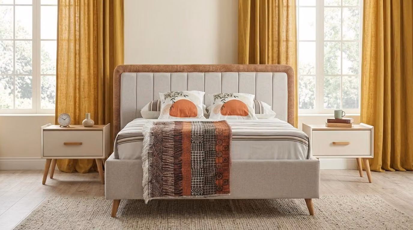 Set per camera da letto: letto, 2 comodini, design moderno, colore beige, stile scandinavo