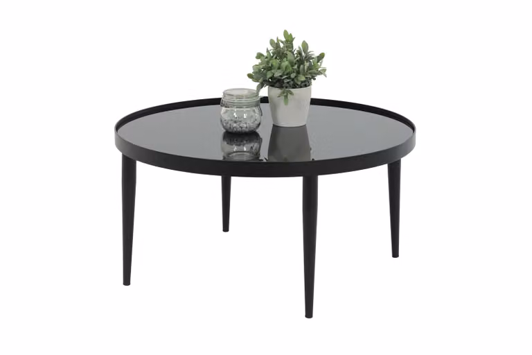 Tavoli Hela, tavolino da salotto Ron in vetro, struttura in metallo nero, gambe coniche, piano in vetro ESH colorato di nero, Ø 80x40 cm