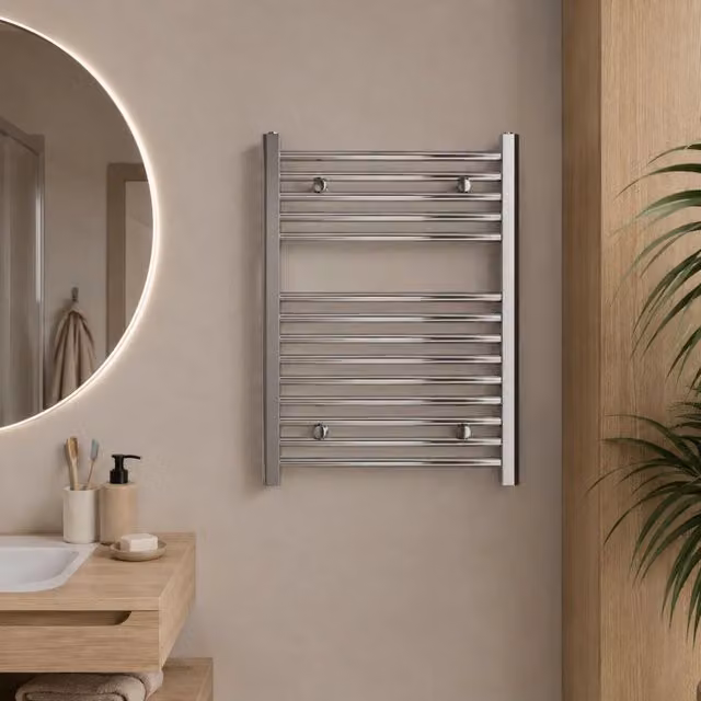 Scaldasalviette da muro OGOMONDO in acciaio cromato argento con 14 tubi, H: 68 cm, L: 60 cm, P: 55 cm