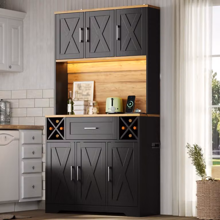 Armadio da cucina Flieks con illuminazione a LED, mobile contenitore alto con scaffali per vino, mobile alto 105x40x180 cm per soggiorno e sala da pranzo, colore nero