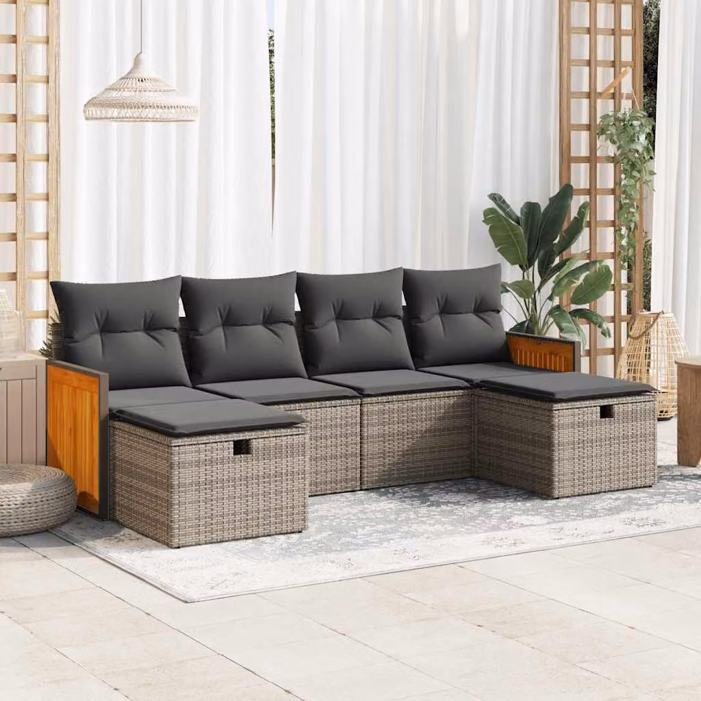 Set Divano da Giardino vidaXL 6 pz a Forma a L con Cuscini Grigio in Polyrattan e Struttura in Acciaio e Legno di Acacia